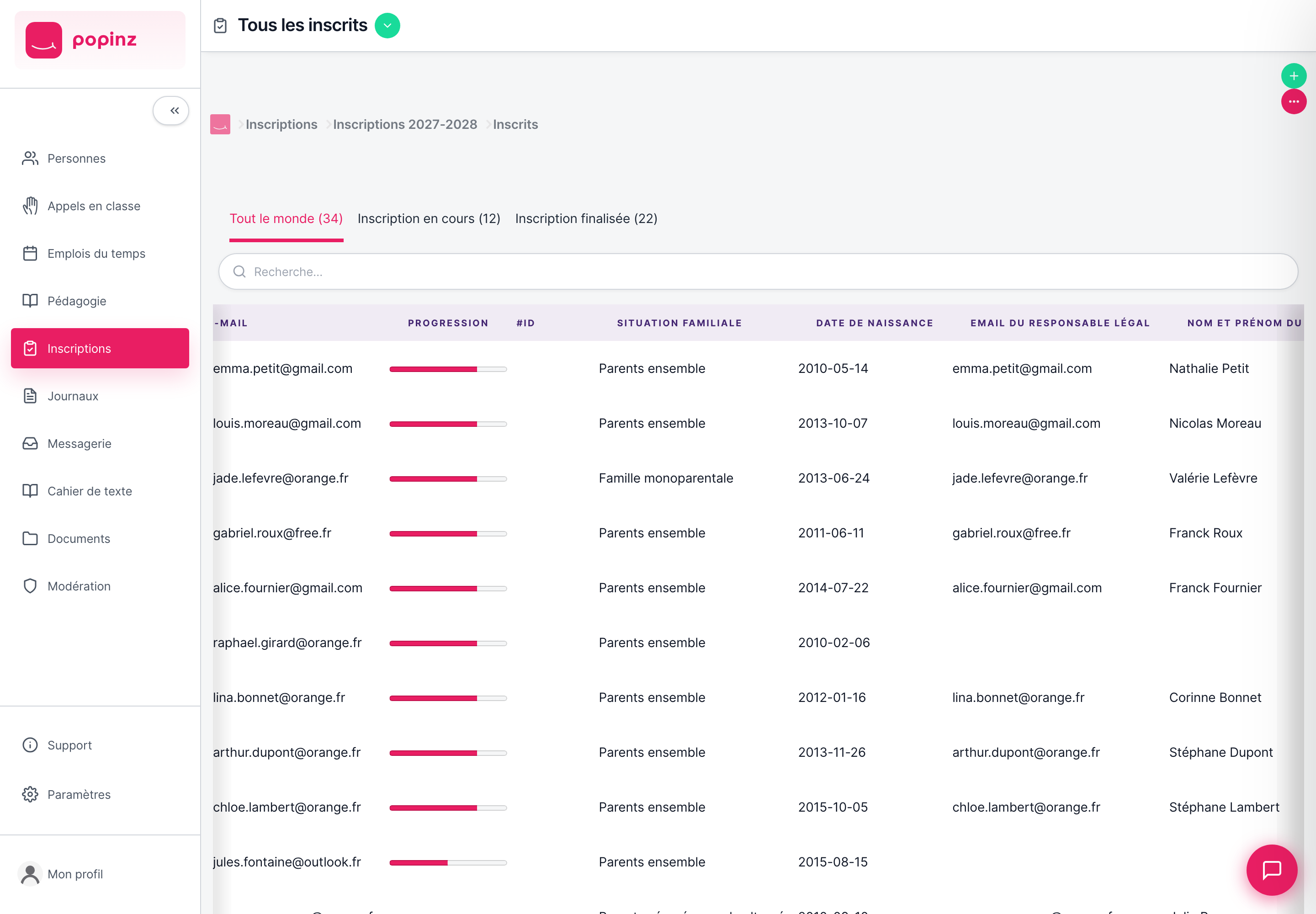 Popinz — la liste des inscrits d'un formulaire