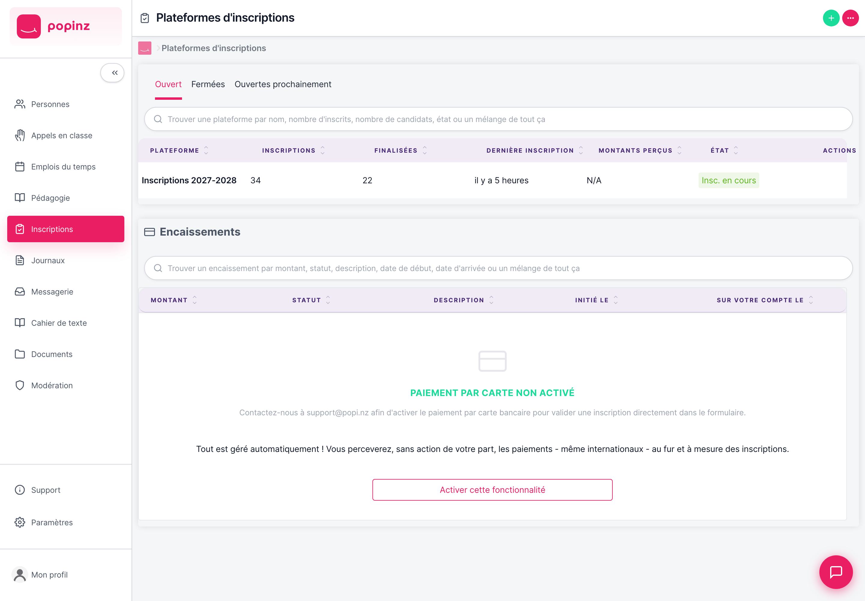 Popinz — la liste des formulaires d'inscription