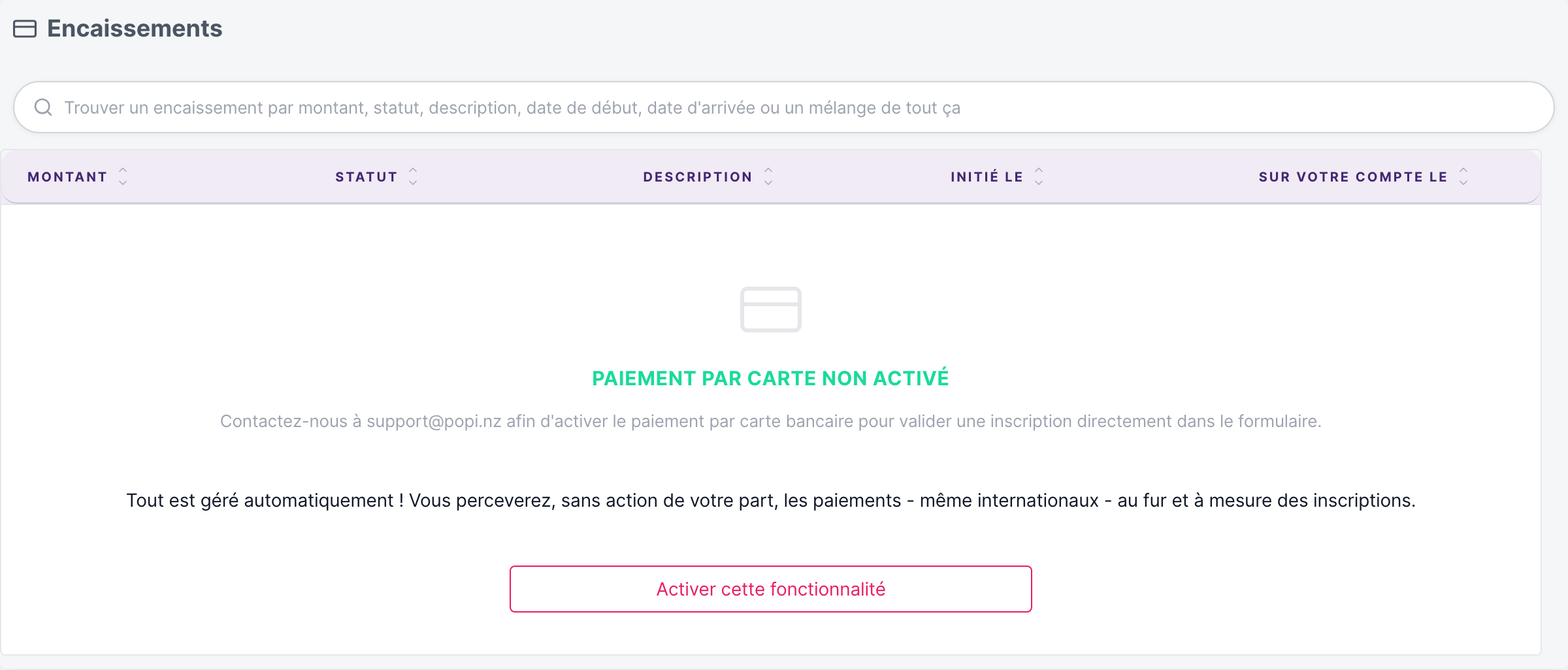 Popinz — la carte Encaissements, au bas de l'écran Inscriptions