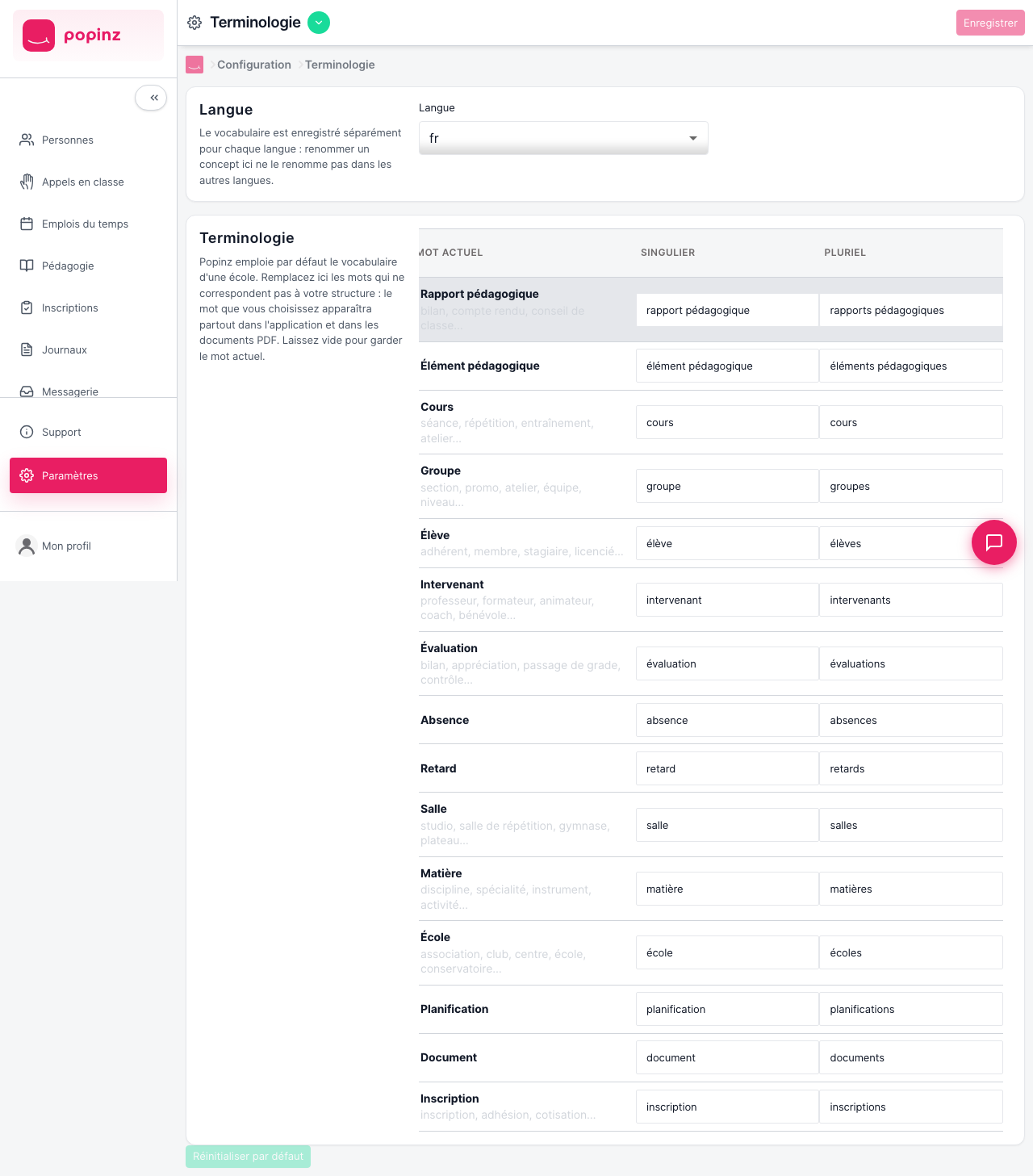 Popinz — the Terminology screen